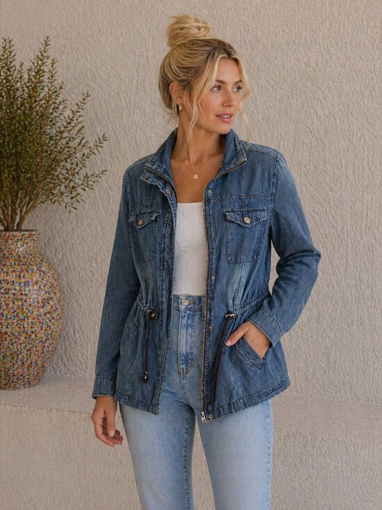 Cavalini Denim Collection Jackets & Blazers - Cavalini Denim Utility Jacket | Zip Front Drawstring Waist | Lightweight | Size